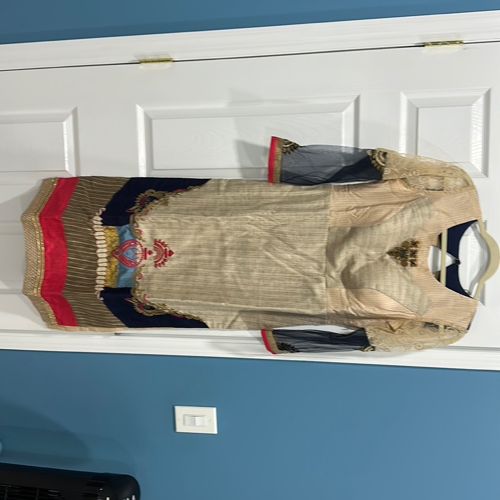 Indian Cream Silk Dress for Partywear, along with leggings, and scarf for dress.